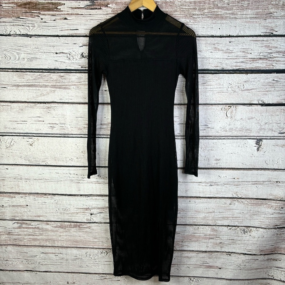 Express Black Long Sleeve Midi Dress Lined Sheer Overlay Ribbed XS Mock Neck